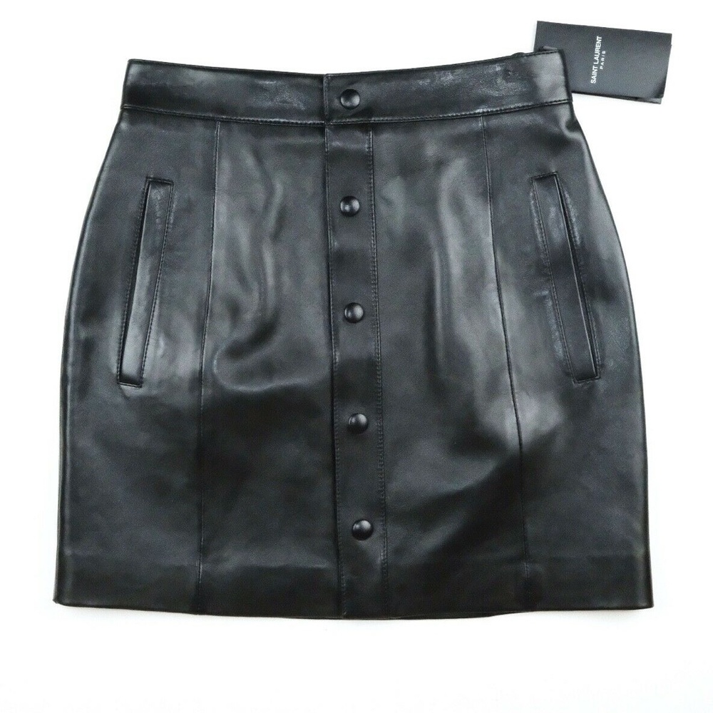 SAINT LAURENT Button Front Leather Mini Skirt